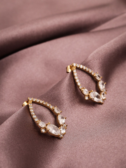 Zircon Taşlı Gold Renk Oval Abiye Küpe