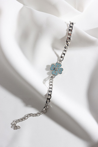 Beyaz-Mavi Zircon Taşlı Gümüş Renk Yonca Zincir Bileklik