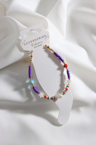 Mor Fimo Boncuklu İnci Uçlu Halhal