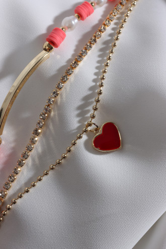 3'Lü Pembe Fimo Boncuklu Şerit Kalp Bileklik