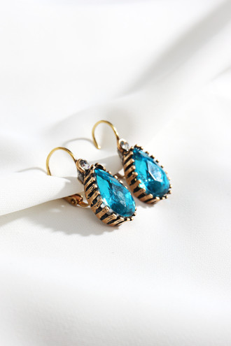 Büyük Boy Mavi Taşlı Damla Otantik Küpe