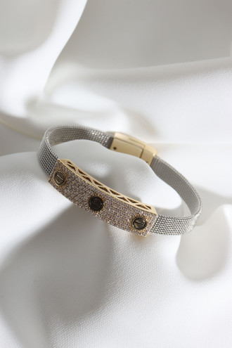 Çelik Hasır Kordonlu Gold Renk Taş Charm Vip Bileklik