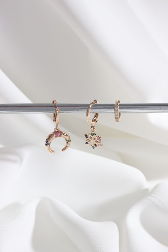 Vip Collectıon 3'Lü Renkli Taşlı Gold Renk Halka Küpe