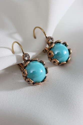 Yuvarlak Mavi Saydam Taşlı Otantik Küpe