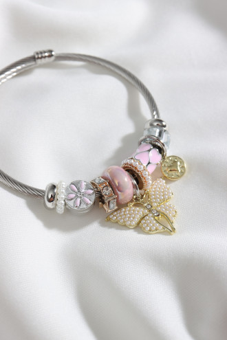 Çelik Model İncili Kelebek Figür Gümüş Renk Bileklik