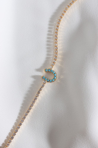 Mavi Taşlı At Nalı Figürlü Zircon Taşlı Gold Renk Suyolu Bileklik