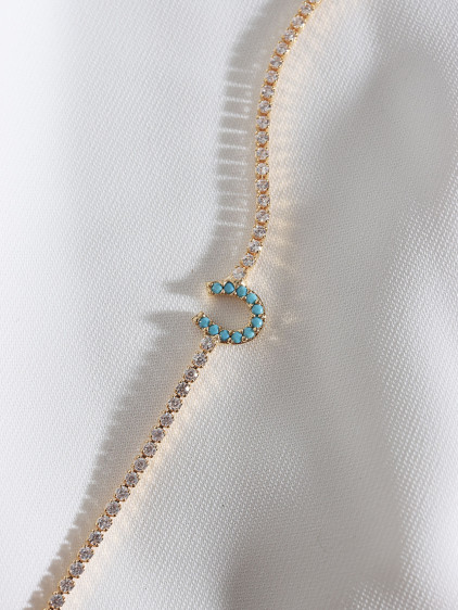 Mavi Taşlı At Nalı Figürlü Zircon Taşlı Gold Renk Suyolu Bileklik