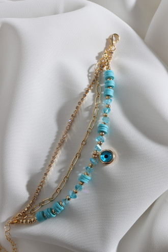 3'Lü Gold Renk Su Yolu Detaylı Mavi Boncuklu Nazar Bileklik