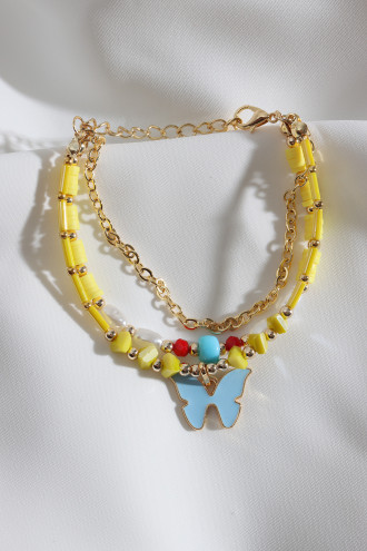 3'Lü Kelebek Uçlu Fimo Boncuk Detaylı Sarı Bileklik