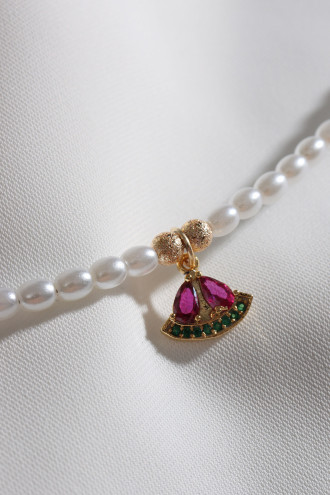 Karpuz Figür Uçlu İncili Gold Renk Kolye