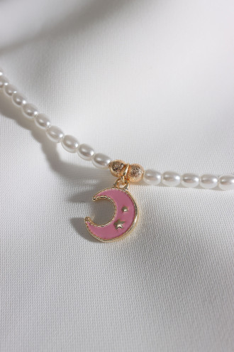 Pembe Mineli Ay Uçlu İnci Kolye