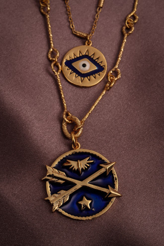 Lacivert Mineli Ikili Orta Boy Plaka Kolye