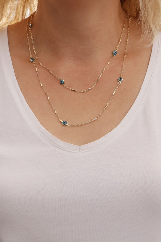 Uzun Mavi Nazarlı Gold Renk Kolye