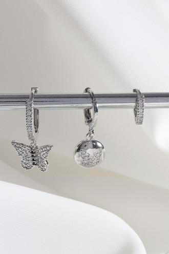 Vip Collectıon 3'Lü Kelebek Gümüş Renk Halka Küpe