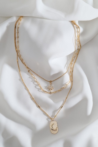3'Lü Ay Figürlü Kutup Yıldızı Gold Renk Zincir Kolye
