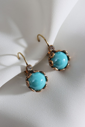 Yuvarlak Mavi Saydam Taşlı Otantik Küpe