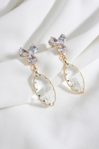 Gold Renk Badem Taşlı Kristal Abiye Küpe