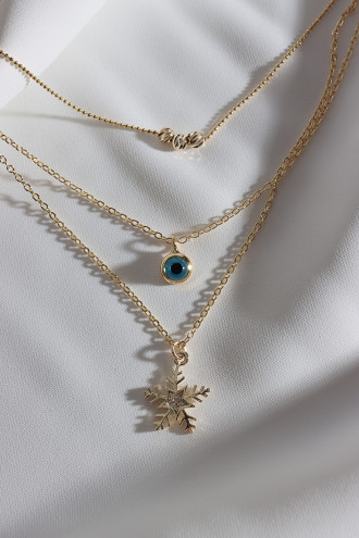 3'Lü Kar Tanesi Ve Nazar Uçlu Gold Renk Kolye