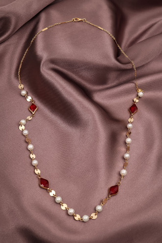 Kırmızı Taş Detaylı Inci Kolye