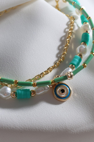 Yeşil Fimo Boncuklu İnci Detay 3'Lü Nazar Boncuklu Bileklik