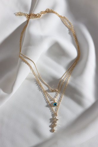 3'Lü Yıldız Ve Nazar Uçlu Gümüş Renk Kolye