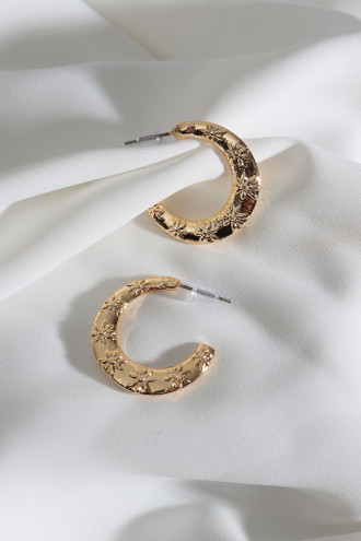 Vintage Çiçek Desen Gold Renk Halka Küpe