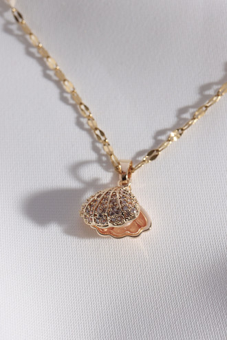 Gold Renk Zircon Taşlı Çelik Istiridye Kolye