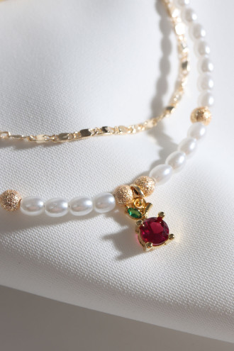 2'Li İnci Ve Gold Renk Zincirli Kırmızı Taşlı Elma Uçlu Bileklik