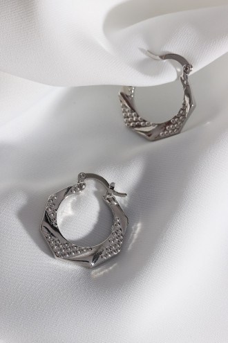 Dokulu Altıgen Gümüş Renk Halka Küpe