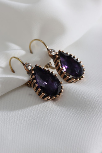 Büyük Boy Mor Taşlı Damla Otantik Küpe