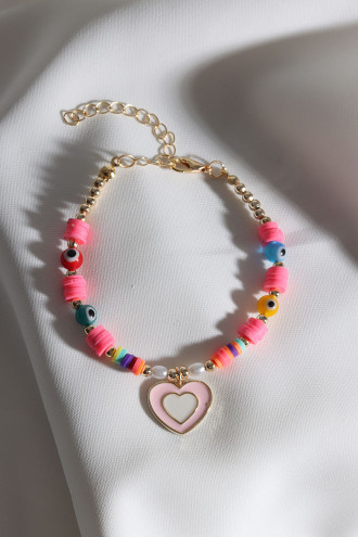 Pembe Fimo Boncuklu Pembe Mineli Kalp Bileklik