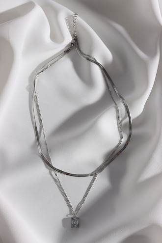 2'Li Italyan Zincirli Kare Tek Taş Gümüş Renk Çelik Kolye