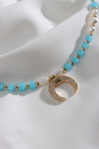 Zircon Taşlı İnci Detay Mavi Ay Kolye