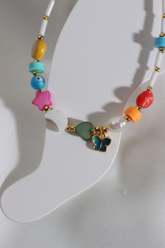 Beyaz Boncuklu Kelebek Uçlu Renkli Halhal