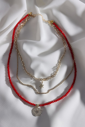 Kırmızı Kristal Taşlı 3'Lü Gold Renk Kolye