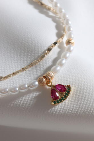 2'Li İnci Ve Gold Renk Zincirli Kırmızı Taşlı Elma Uçlu Bileklik