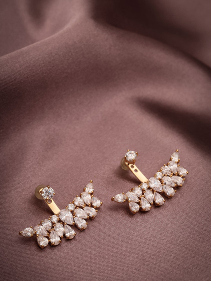 Zircon Taşlı Kulak Altı Gold Renk Abiye Küpe