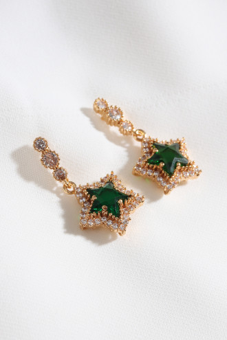 Yeşil Taşlı Sallantılı Gold Renk Yıldız Küpe