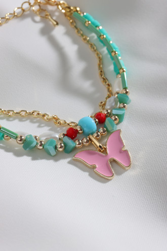 3'Lü Kelebek Uçlu Fimo Boncuk Detaylı Yeşil Bileklik