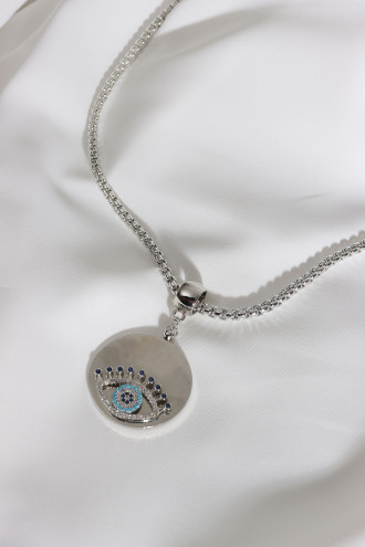 Uzun Zincirli Gümüş Renk Plaka Üzeri Taşlı Göz Kolye