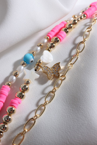 3Lü Kelebek Uçlu Pembe Renk Fimo Boncuklu Bileklik