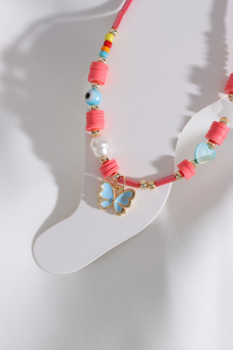 Kelebek Uçlu Kırmızı Boncuklu Fimo Detay Halhal