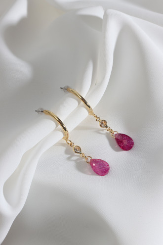 Mor Rengi Doğal Taşlı Halka Küpe