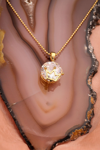 Tek Taş Kral Tacı Gold Renk Kolye