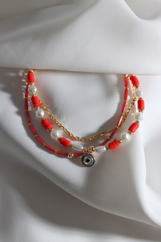 Kırmızı Fimo Boncuklu İnci Detay 3'Lü Nazar Boncuklu Bileklik