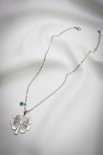 Nazar Boncuklu Uzun Gümüş Renk Yonca Kolye