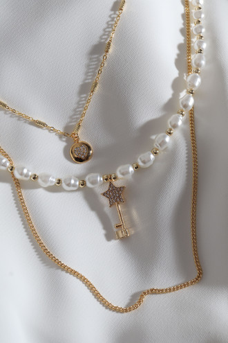 3'Lü Inci Detay Yıldız Uçlu Gold Renk Zincir Kolye