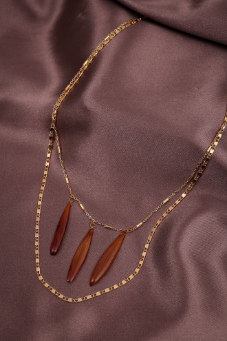 İkili Zincirli Kırmızı Cerbera Çiçeği Yapraklı Gold Renk Kolye