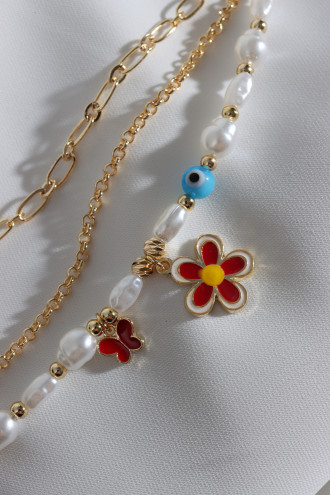 3'Lü Kırmızı Papatyalı İnci Detay Zincir Bileklik