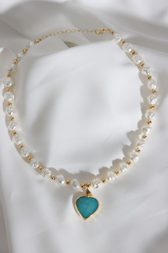 Mavi Renk Kalp Taşlı İnci Kolye